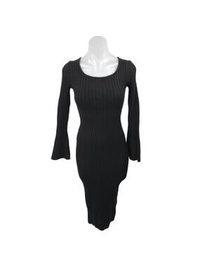 NEW 12TH Tribe Black Rib Knit Cutout Long Sleeve Midi Bodycon Sweater Dress XS
